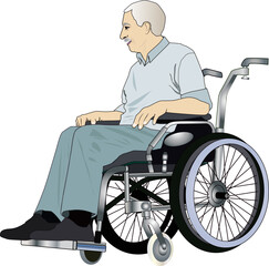 A Happy Old Man Grandfather with His Wheelchair isolated in white. For Banner, Poster, and many templates design
