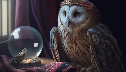 mystical owl fortune teller digital art illustration, Generative AI