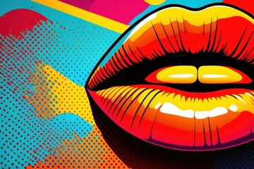 Bold and Bright: A Woman's Vivid Lips on a Colorful Pop Art Background - obrazy, fototapety, plakaty
