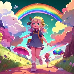 Obraz na płótnie Canvas comic girl with a background of rainbow