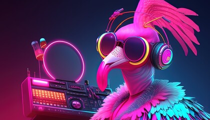 stylish pink flamingo DJ digital art illustration, Generative AI - obrazy, fototapety, plakaty