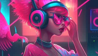 stylish pink flamingo DJ digital art illustration, Generative AI