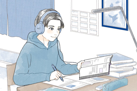 Illustration of a male student studying at home.