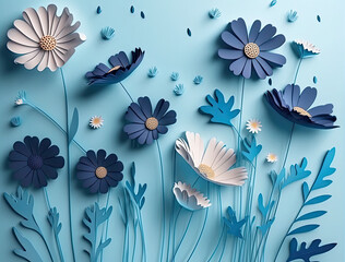 Papercut blue colored cosmos flower on sky blue background