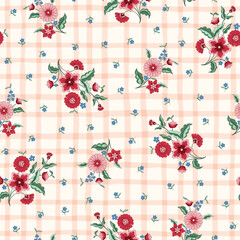 Indian Flowers and Plaid Overlay Vector Seamless Pattern. Cottagecore Chintz Floral Background. Delicate Summer Boho Print