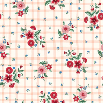 Indian Flowers and Plaid Overlay Vector Seamless Pattern. Cottagecore Chintz Floral Background. Delicate Summer Boho Print
