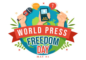 World Press Freedom Day on May 3 Illustration with Hands Holding News Microphones for Web Banner or Landing Page in Flat Cartoon Hand Drawn Templates