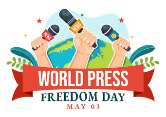 World Press Freedom Day on May 3 Illustration with Hands Holding News Microphones for Web Banner or Landing Page in Flat Cartoon Hand Drawn Templates