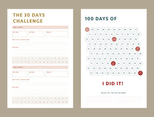 30 Days Challenge and 100 Days of habits month planner. Minimalist planner template set. Vector illustration.
