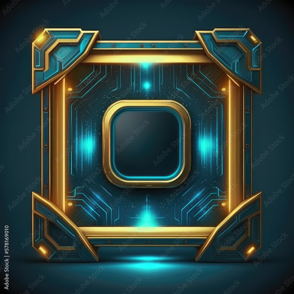 Poster abstract art of multi layer glowing golden and blue square frame with vivid in chevrons game design.