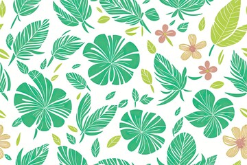 Fototapeta premium Monstera green leaves or Monstera Deliciosa background. Seamless flat painting. Beautiful tribal generative ai art background., palm, rubber plant, pine, bird’s nest fern
