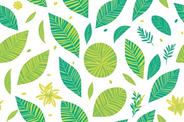 Fototapeta premium Monstera green leaves or Monstera Deliciosa background. Seamless flat painting. Beautiful tribal generative ai art background., palm, rubber plant, pine, bird’s nest fern