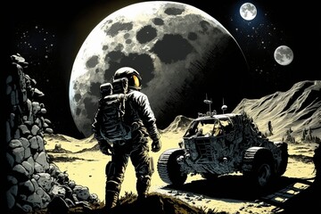 Astronaut with Lunar Rover. Generative AI