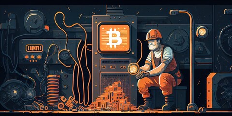 Naklejka na ściany i meble Bitcoin mining - cryptocurrency miner concept by generative AI