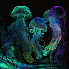 Obraz premium Jellyfish fluorescent colorfull illustration on dark background. AI generated picture. High quality photo