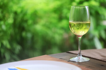 white wine tasting, chilled ice wine in a cold glass in summer