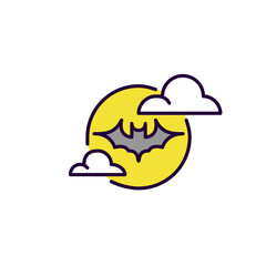 Flying bat silhouette over full moon and clouds. Spooky Halloween night