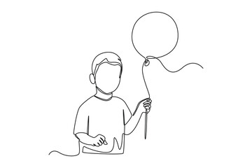 Continuous one line drawing happy boy holding balloon. Happy Children's Day concept. Single line draw design vector graphic illustration.