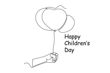 Continuous one line drawing hand holding love balloon. Happy Children's Day concept. Single line draw design vector graphic illustration.