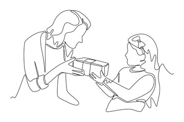 Continuous one line drawing happy girl gets gift box from her mother. Happy Children's Day concept. Single line draw design vector graphic illustration.