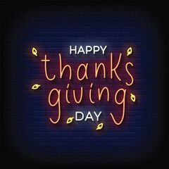 Neon Sign happy thanks giving with brick wall background vector