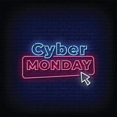 Neon Sign cyber monday with brick wall background vector