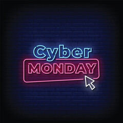 Obraz premium Neon Sign cyber monday with brick wall background vector