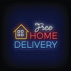 Obraz premium Neon Sign free home delivery with brick wall background vector