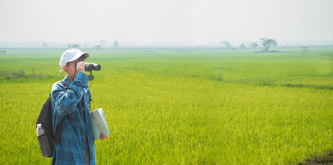 Asian boy in plaid shirt wears cap and has a backpack, holding a map and a binoculars, standing on ridge rice field of asian farmers to study landscapes, mountains, rice paddy field, bird watching.