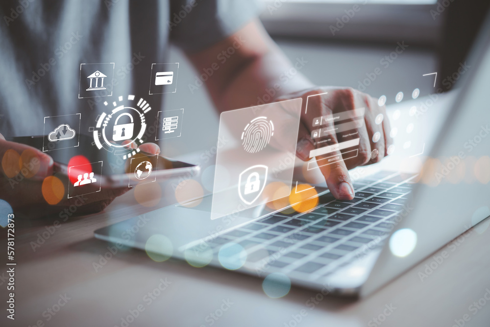 Aufkleber businessman working with laptop and smartphone login access personal information data security and encryption, cyber security concept, secure access to user's personal information