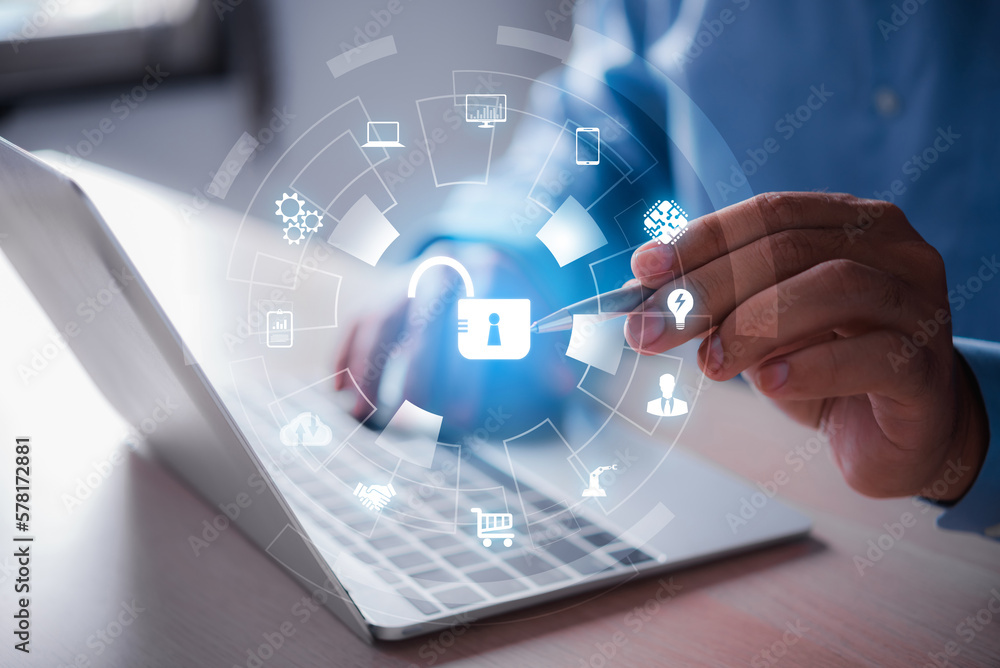 Aufkleber man hand unlock central lock cyber security key to acquiring personal financial transaction technolo