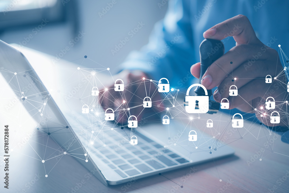Aufkleber business man holding virtual locked key network, Approve for get access to cyber security system , digital data protection