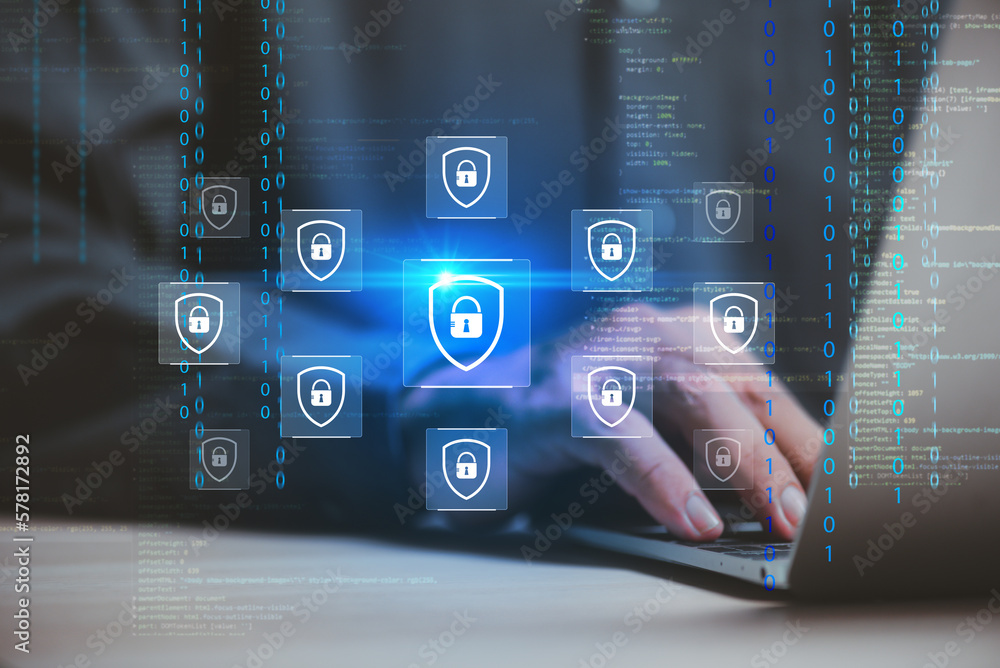 Poster man hand unlock central lock cyber security key to acquiring personal financial transaction technolo