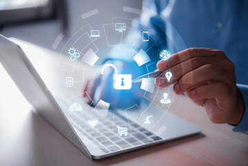 man hand unlock central lock cyber security key to acquiring personal financial transaction technology , cyber security system , digital data protection