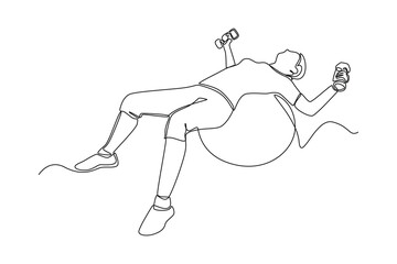 Single one line drawing weight lifting on stability ball. Fitness activity concept. Continuous line draw design graphic vector illustration.