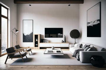 Minimalist living room - a pared - down, simplified version of modern design that emphasizes the use of negative space, neutral colors, and a focus on essential elements, Generative AI

