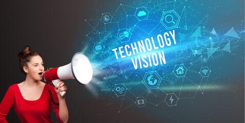 Young woman shouting in megaphone, technology announcement concept