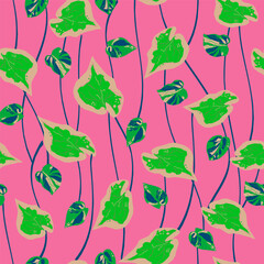 Bright tropical natural print, pink, green leaves,  plants. Abstract trendy background. Seamless  pattern Hand drawn, vector