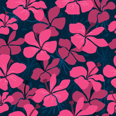 Bright tropical natural print, pink flowers,  plants. Abstract trendy dark blue background. Seamless  pattern Hand drawn, vector