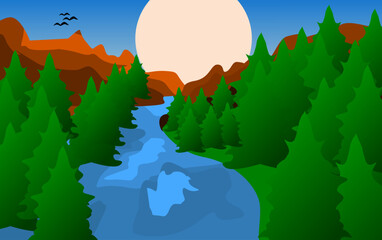 illustration of a landscape of a fir forest with a flowing river on a sunny morning
