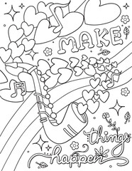 Make things happen with Saxophone instrument and heart element. Hand drawn with inspirational word. Doodles art for Happy Valentine's day card or greeting card. Coloring book for adults and kids.
