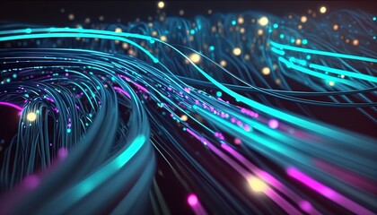 Fiber optic cable runs, data connections, connections, luminous elements created with generative ai technology