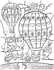 Best day ever. Balloons and sky. Hand drawn with inspiration word. Doodles art for Valentine's day or greeting card. Coloring book for adults and kids.
