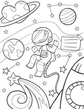 Hand drawn. Spaceman and star elements. Doodle art for Happy Valentine's day card or greeting card. Coloring book for adults and kids.
