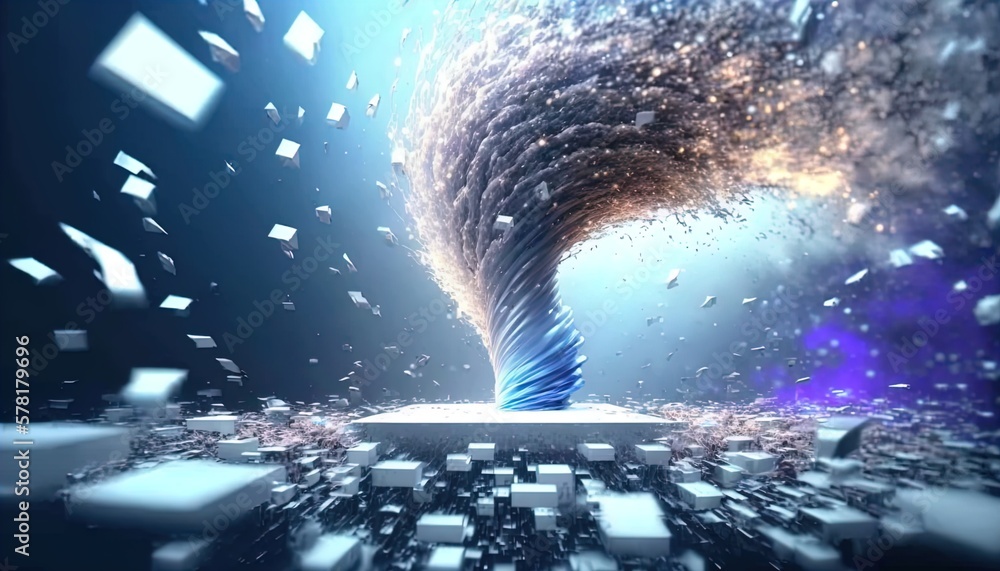 Poster tornado of digital disruption and innovation full of data particles flying around created with gener