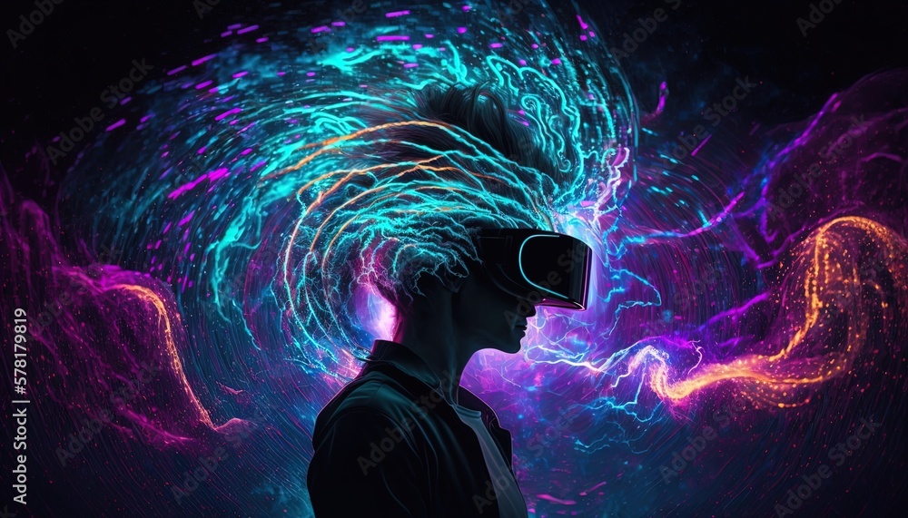 Poster vr neon tornado of digital disruption and innovation full of data particles flying around created wi