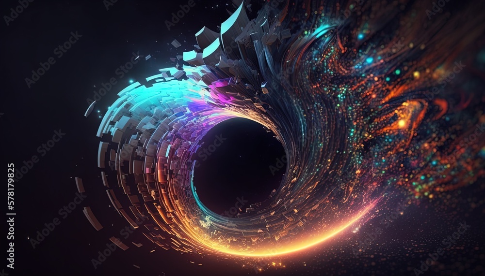 Poster neon tornado of digital disruption and innovation full of data particles flying around created with 