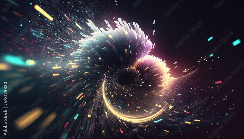 Poster neon tornado of digital disruption and innovation full of data particles flying around created with 