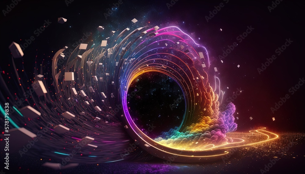 Poster neon tornado of digital disruption and innovation full of data particles flying around created with 