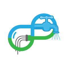 Running tap water and sewage pipe link together in shape of infinity symbol as a gimmick of water replenishment. Vector illustration outline flat design style.